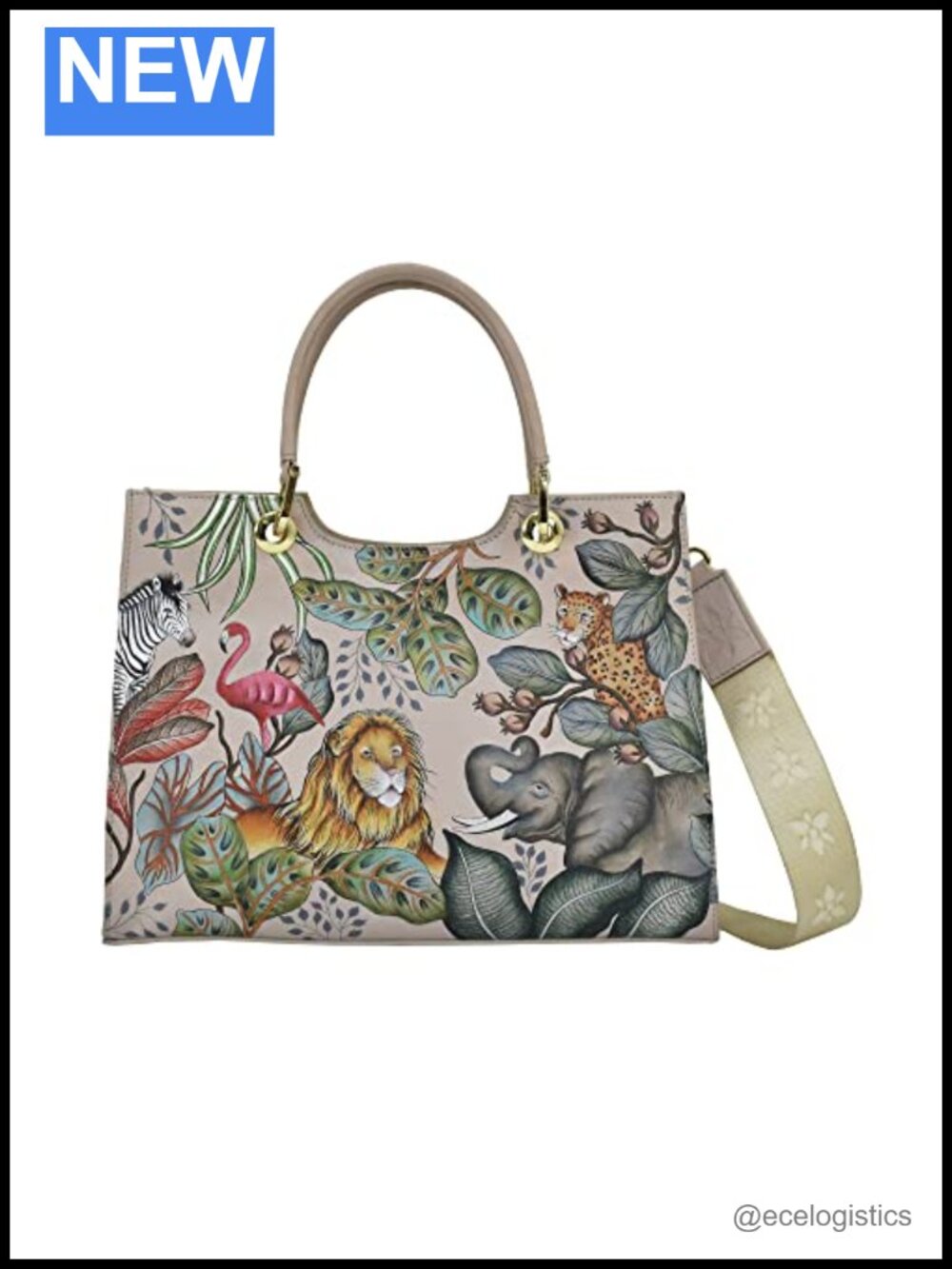 Hand-Painted Genuine Leather Satchel with Floral Pattern, Adjustable Strap